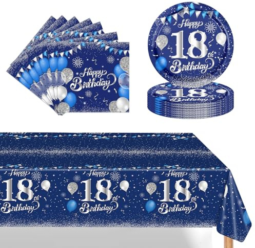POPOYU 37Pcs Navy Blue Silver 18th Birthday Tableware Set,18th Birthday Napkins Blue and Silver,18th BlueSilver Table Cloth,18thBirthday Paper Plates for Him Her Girls Boys BirthdayGift Party Supplies