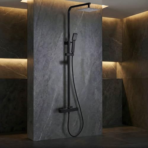 IMEX - Columna Ducha Negra Termostatica con Grifo | Conjunto de Ducha con Alcachofa y Rociador Antical Efecto Lluvia | Griferia en Latón y Acero Inox S.304 con Barra Extensible | Serie Vigo