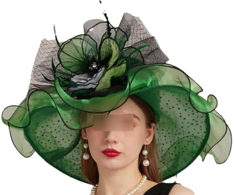 Suwequest Fedoras Organza-Damenhüte mit breiter Krempe, Netzstoff, Perlen, Feder, Blume, Hochzeit, Braut, Fedora, EN8, M 56 to 58cm