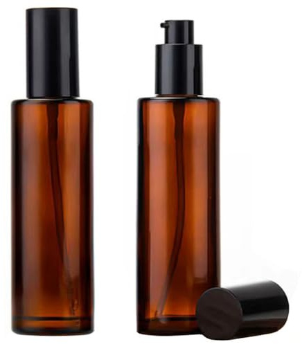 2 botellas vacías de vidrio ámbar de 100 ml, dispensadores de jabón, frascos de cosméticos con bomba negra para aceites esenciales, base, crema, champú