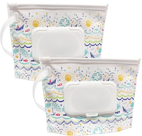 2-pack liten storlek bärbar våtservettsbehållare (18 cm x 13 cm), återanvändbar och påfyllningsbar baby våtservetter fodral, miljövänlig praktisk resa blöja våtservetter bärdispenser (solsken hav)