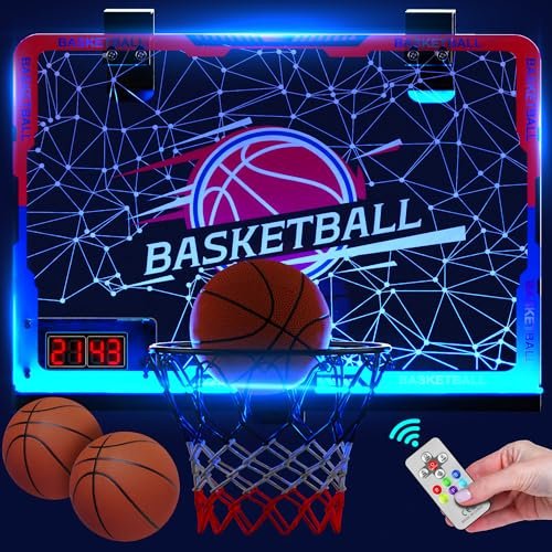 SKERITO Mini Basketball Hoop for Kids with LED Lights, Automatically Scoring Indoor Set, Wall Mounted Includes 3 Balls Toy Gifts for Boys Girls