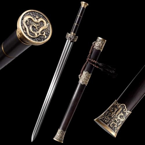KWXPW Handgefertigtes chinesisches gerades Schwert,Klinge aus Stahl mit Hundertschmelzmuster,Scheide aus Ebenholz,geschnitztes Zubehör aus reinem Kupfer,echtes Katana-Schwert 93 cm