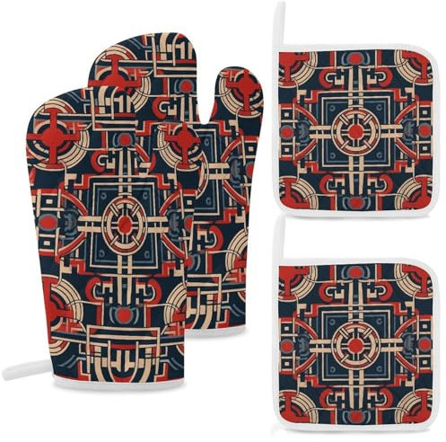 Lot de 4 maniques et maniques de cuisine résistantes à la chaleur - Antidérapantes - Motif rouge