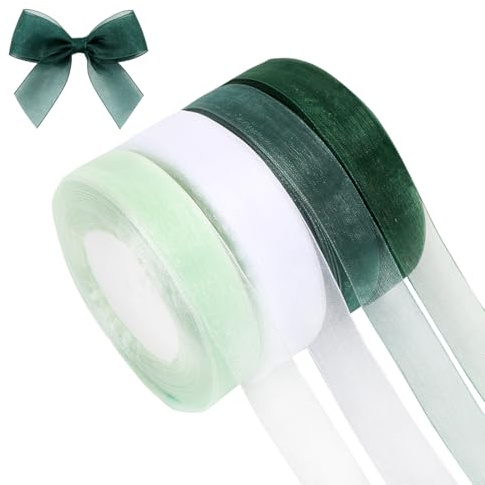 Geschenkband Schleifenband Grün, 4 Rollen Organzaband 45m, Dekoband Stoffband Weiß Eukalyptus Grün für Hochzeitsdekoration Geschenkverpackung 2cm*45m