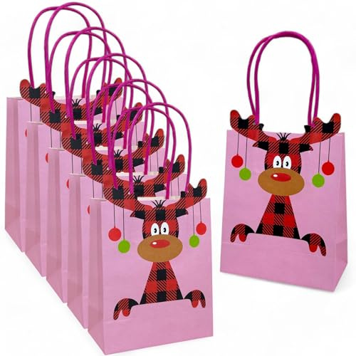 MIJOMA Weihnachts-Geschenktaschen 6 Stück im süßen Elch-Design, 11.5 x 14 x 6 cm, Rosa Papiertaschen für Geldgeschenke, Goody Bags und Geschenkverpackung
