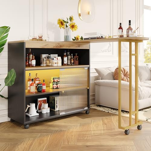 Ausziehbarer Bartisch mit Stauraum, Moderner Bar Table auf Rollen, Teleskopischer Stehtisch mit LED, Bistrotisch, Kücheninsel, 138-204cm Länge, Mit Schiebetüren und Viel Stauraum (Stil 1, Schwarz)