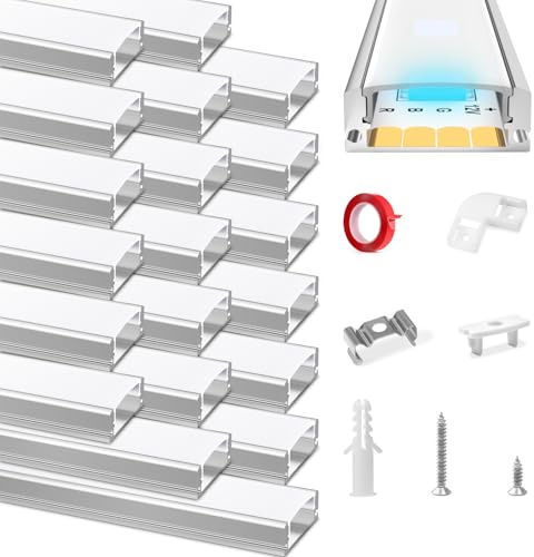 HOMMAND Canal LED, 20 x 1 m, perfil LED en forma de U, perfil LED de aluminio y tira difusora LED con cinta adhesiva, conectores de esquina, tapas finales y clips de montaje, cubierta de tira de luz
