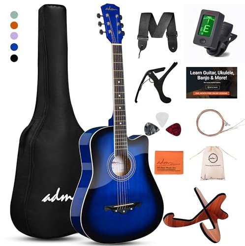 ADM 38 Zoll Akustikgitarre Bundle für Anfänger Erwachsene mit Online-Unterricht, Cutaway Holz Acustica Guitarra Starter Set Paket mit Gigbag, Gurt, Stahlsaiten, Plektren, Kapodaster, Ständer,