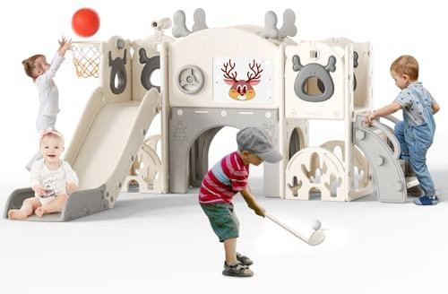 Kinderrutsche,extralange Rutschbahn,freistehende Kleinkindrutsche mit Basketballkorb, Kleinkindklettergerüst, Montessori Baby-Gartenrutschen-Spielset,für drinnen und draußen (Beige Grau-7 in 1)