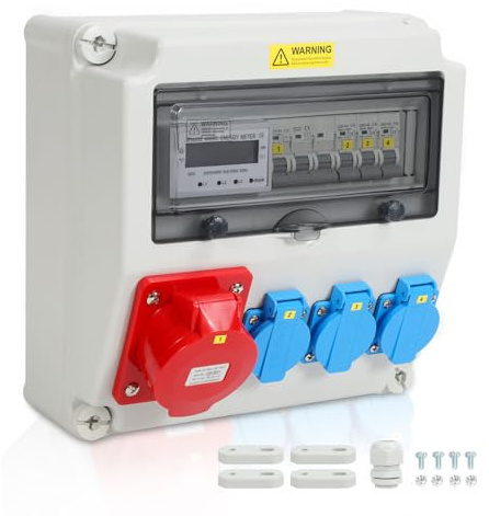 Tysobes Stromverteiler, 3 * 16A/230V+1*CEE 32A mit Amperemeter, mit Schutzschalter, Baustromverteiler, wandmontierte Industrie-Steckdose, für Baustelle, Haus, Fabrik