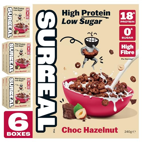 Surreal Choc Hazelnut - High Protein Cereal 6 Pack - Zero Sugar- Healthy Plant Based Cereal - High in Fibre - Low Carb - Gluten Free - Vegan - 18g of Protein, 0g of Sugar - 240g per Box