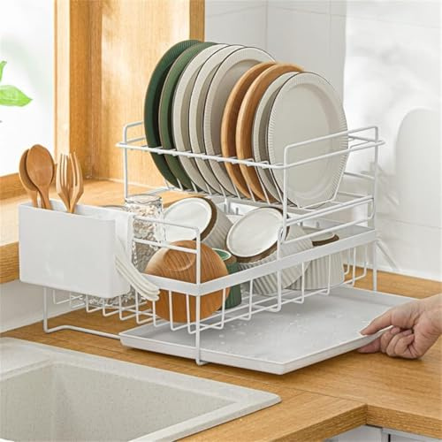 2 Tires WHite Detachable Dish Drying Rack, Draining Board Rack with Utensil Holder, Removable Cutlery Holder Drip Tray Swivel Drainage, kitchen stainless steel dish rack drainer (White)