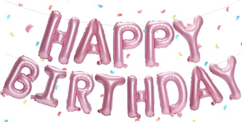 Rosa Happy Birthday Ballons Banner,Happy Birthday Luftballon Girlande 16 Zoll Silver Folie Happy Birthday Folienballon Luftballon Helium Ballon Geburtstagsballon Banner für Geburtstag Party