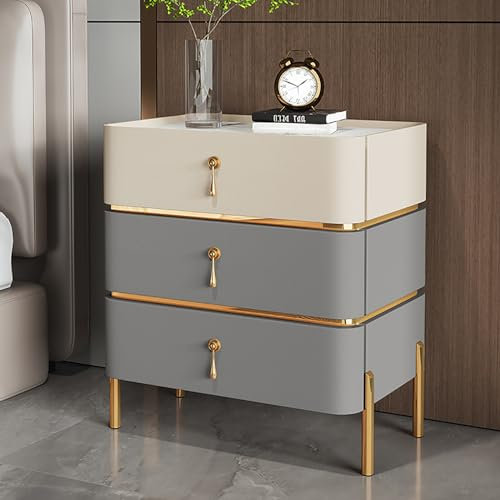 Nachttisch mit 3 Schubladen, moderner Nachttisch, Beistelltische fürs Schlafzimmer, Steinplatten, Tisch aus Massivholz, Metallbeine (Farbe: Beigegrau, Größe: 45 cm)