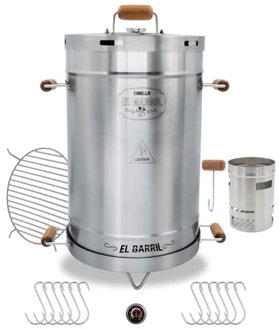 El Barril Lite Medium Barrel Smoker Grill, Stainless Steel 430, 30 lb Capacity, 12 Meat Hooks, Upper Grill and Handler, Portable Charcoal BBQ (Lite 30LBS Medium)