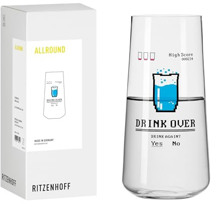 RITZENHOFF 8151003 Wasserglas 600 ml, Serie Gamers, Allroundglas Nr. 3 mit lustigem Vibe-Spruch Drink over, bunt