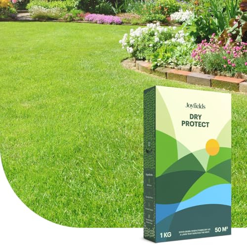 Joyfields Dry Protect : Semence gazon terrain sec - 1 kg pour 50 m² - Résistant à la sécheresse et à la chaleur - Racines profondes et robustes - Avec enrobage pour une germination optimale