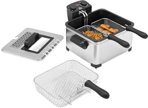HOMCOM Friteuse 5 litres avec température et minuterie réglables, friteuse en acier inoxydable 2000 W avec panier à huile amovible et fenêtre de visualisation, pour frites et poulet frit