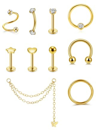 PiercingJak 10Stk 16G Helix Piercings Ohrringe Chirurgenstahl Lippenpiercing Nasenpiercing Septum Hufeisen Ohr Tragus Knorpel Barbell Spiralen Bananen Piercing 8mm Helix Kette Punk Schmuck Unisex
