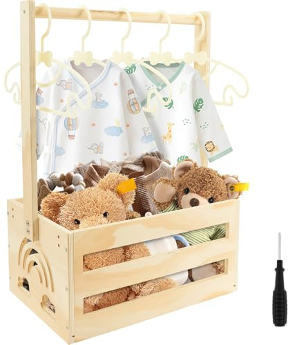Babysäng presentkorg, trä förvaringskorg med handtag och 5 klädställningar babyshower duschlåda skåp, personlig nyfödd korg för födelsedagar baby shower present jul nya föräldrar