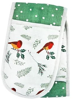 Premier Robin Christmas Double Oven Glove 90cm – Reversible Cotton Padded Kitchen Mitt with Festive Robin & Winter Foliage Print – Heat Resistant Xmas Oven Gauntlet with Hanging Loop