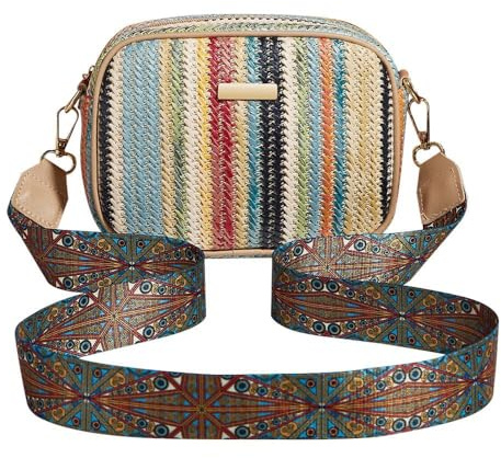 XFSRG Bolso Mujer Verano de Paja Bandolera Elegante con Correa Ancha Ajustable Bolso Crossbody Casual para Fiesta Vacaciones y Uso Diario