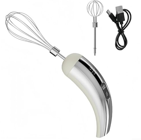 Batteur à œufs électrique portable avec batterie rechargeable USB, 2 têtes de fouet et 5 vitesses réglables pour mélanger, mousser et cuire (argenté)
