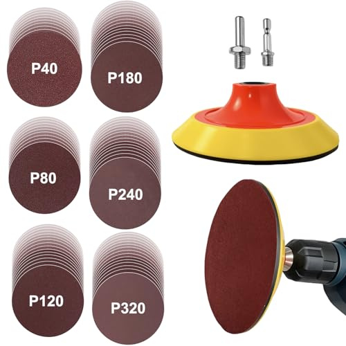 Set di Dischi Abrasivi M10 Platorello 80 Carta Vetrata da 120mm Grana in 40/80/120/180/240/320 con 2 Adattatori per Trapano Elettrico Trapano Avvitatore Levigare Lucidare e Rimuovere la Ruggine