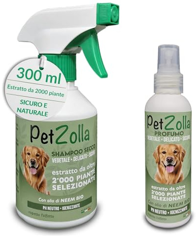 Kit Shampoo secco per cani senza risciacquo 300ml e Profumo per cani 150ml, formula naturale con olio di neem timo e argan - Made in Italy