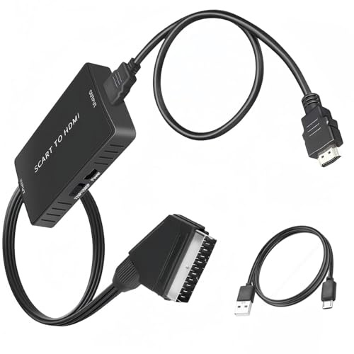 Beigemo Convertidor SCART a HDMI 1080P, Adaptador Euroconector a HDMI con Cable HDMI y Cable USB, para VHS DVD STB PS2 a TV HD Monitor Proyector, Plug & Play