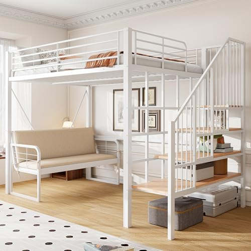 chellago Etagenbett 140x200 cm mit Polstersofa & Stauraumleiter – Metall-Etagenbett für Kinder, Jugendliche & Erwachsene, abnehmbares Sofa, Sicherheitstreppe, weiß
