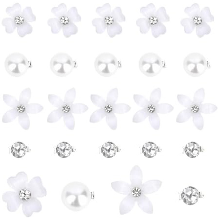 20 Stück Mini Blumen Haarspangen Weiß Strass Perlen Druckknopf Haarclips für Mädchen Frauen Braut Hochzeits Haarschmuck Kinder Mädchen Haarklammern klein 4 Designs Silber Haarnadeln