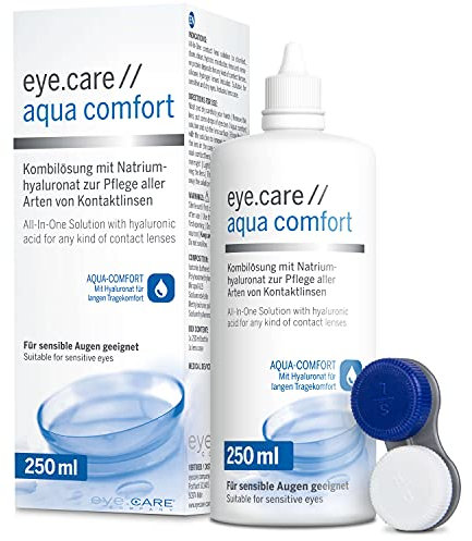 Eye.care Kontaktlinsen Flüssigkeit - mit Hyaluron - Premium 250ml Pflegemittel für alle weichen Kontaktlinsen inkl. antibakteriellen Behälter