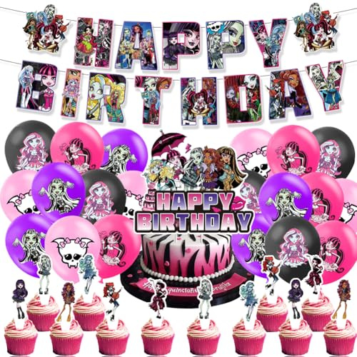 YCFAIIKG 34pcs Monster Party Supplies, Monsters Birthday Party Decorations, Party Dekoration Balloons Cupcake Toppers Happy Birthday Banner Luftballons für Kinder