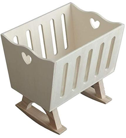 GRECA Cuna para muñecas. con Base balancín. En Madera de chopo y Pino. Medidas: (Ancho/Fondo/Alto): 32 * 25 * 32 cms.