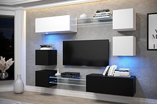 Furnitech Wohnwand Wohnzimmer | Wohnzimmer Möbel mit LED Weiß | Hängend Wohnwand Modern | Wohnzimmer Schrankwand mit Regale und TV Schrank (AN65N-21WB-M8)