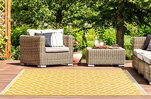 Lord of Rugs Tappeto da esterno con diamanti per terrazza, giardino, patio, cucina, balcone, cortile, picnic, bagno, soggiorno, soggiorno, colore: oro, grande, 150 x 230 cm