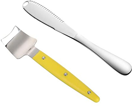 Panonw 4Pcs Butter Spreader Knife, Stainless Steel Corn Butter Knife and Curler 3 in 1 Serrated Kitchen Gadgets Butter Grater for Cold Butter Slicer with Holes, Yellow&silver
