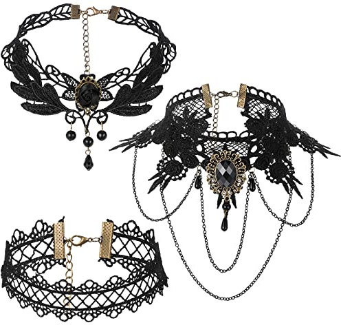 3 Stück Spitzen Choker Halsketten Set für Damen Schwarze Spitze Ketten Vintage Halsband Lolita Kostüm Zubehör für Halloween Party (Retro)
