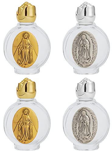 WEBEEDY 4 Stk Lourdes Holy Trinkflasche Weihwasserflasche Glas,Unsere Liebe Frau von Guadalupe Maria Katholische Lourdes Heilige Wasser Blesssed in Lourdes Flaschen Ostern Silber,Gold(Leere Flasche)