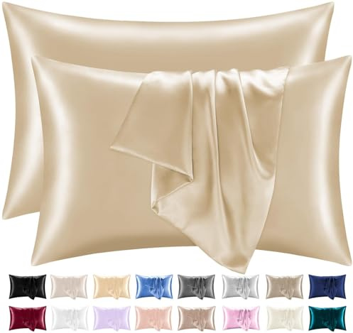 Lazzaro Satin Silk Pillowcases for Hair and Skin - Pillow Cases with Envelope Closure - Ultrasoft Standard Size Silk Pillowcases (50 x 75 cm) (07 - Champagne, 2 Pcs Pillowcases (50 x 75 cm))