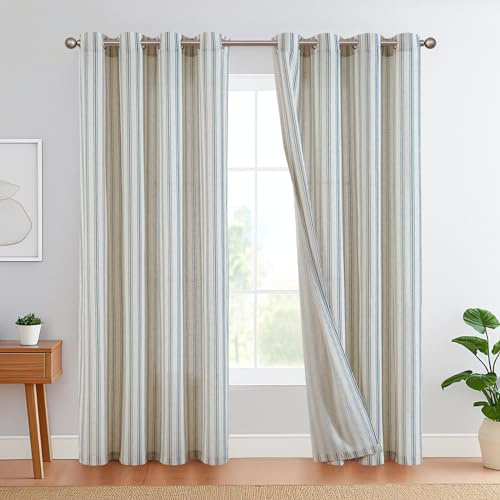 TOPICK Leinen Gestreifte Vorhänge Blau Streifen Gardinen mit Ösen Ticking Streifen Muster Leinenoptik Vorhänge Lichtfilterung für Wohnzimmer Nadelstreifen Gardine Blickdicht 2 Stück H225xB130cm