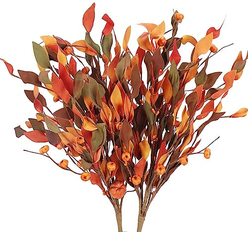 SLFYEE Lot de 2 fleurs artificielles en feuilles d'érable avec simulation de citrouille, fleurs d'automne pour table, maison, rebord de fenêtre, intérieur, bureau, décoration