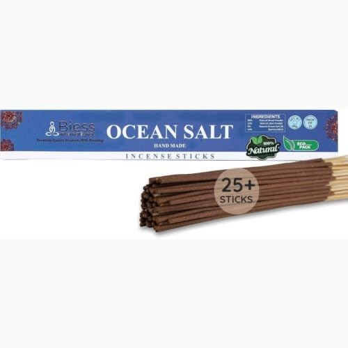 Bless-OCEAN-SALT-Incense-Sticks 100%-Natural-Handmade-Hand-Dipped-Incense-Sticks Organic-Chemicals-Free For-Purification-Relaxation-Positivity-Yoga-Meditation The-Best-Woods-Scent (25 Sticks (40GM))