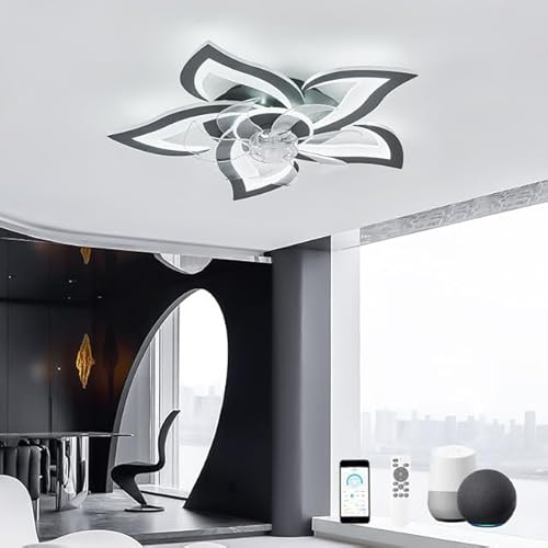 KeLuKes Lustre Ventilateur de Plafond Intelligent, 65cm Lampe Ventilateur Plafond Compatible avec Alexa et Google Assistant Silencieux Minuterie Réversible Luminaire Ventilateur pour Chambre, Noir