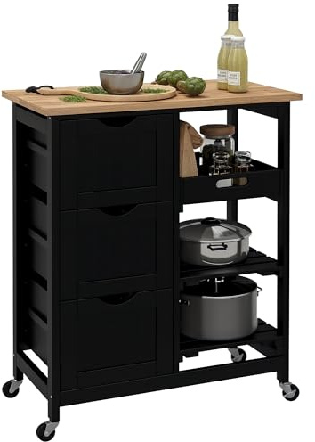 HOMCOM Rolling Kitchen Island Cart, Bar Serving Cart, Compact Trolley on Wheels with Wood Top, Shelves & Drawers for Home Dining Area, Black