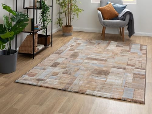 Steffensmeier Kurzflor Teppich Lauro Wohnzimmerteppich Kariert Taupe, Größe: 133x195 cm