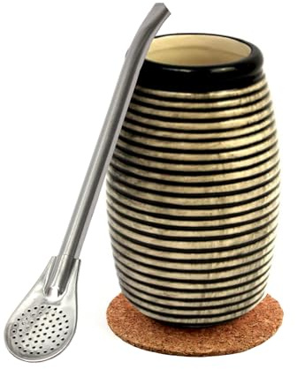 Set con tazza in ceramica per tè Yerba Mate ● Tazza da tè Mate 260 ml ● Cannuccia in acciaio inox Bombilla 19 cm ● Tappi in sughero ● Stainless Steel Straw and Ceramik yerba mate tea cup
