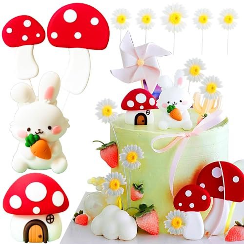 JeVenis Woodland Bunny Cake Topper Woodland Mushroom Fairy House Mushroom Cake Decoration Birthday Baby Shower Party Supplies